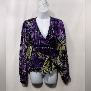 Women's Linen Abstract Wrap Top Size M Purple Boho Retro 90s Y2K Artsy Grunge